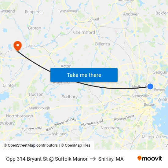 Opp 314 Bryant St @ Suffolk Manor to Shirley, MA map