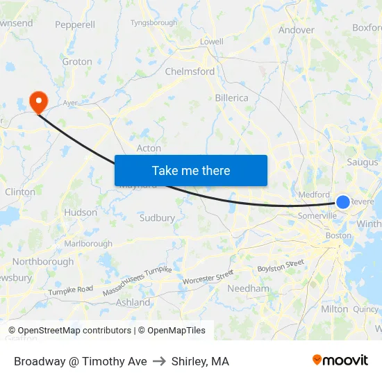 Broadway @ Timothy Ave to Shirley, MA map