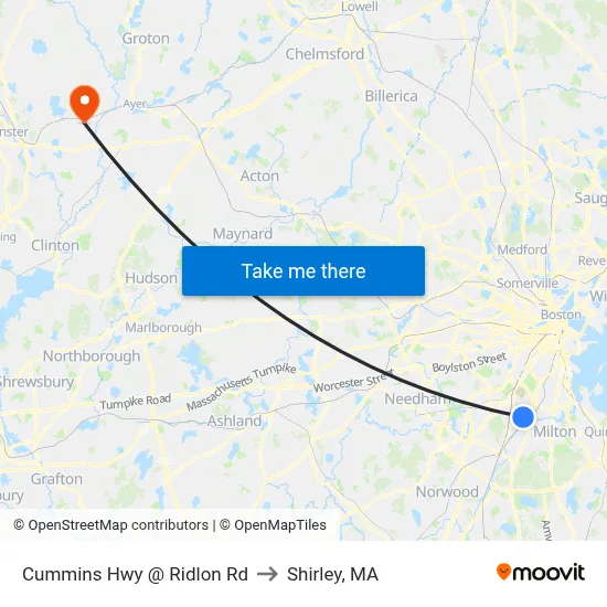 Cummins Hwy @ Ridlon Rd to Shirley, MA map