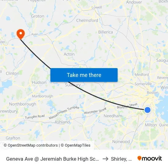 Geneva Ave @ Jeremiah Burke High School to Shirley, MA map