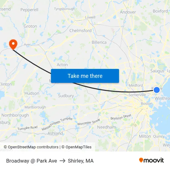 Broadway @ Park Ave to Shirley, MA map