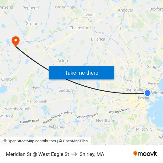 Meridian St @ West Eagle St to Shirley, MA map