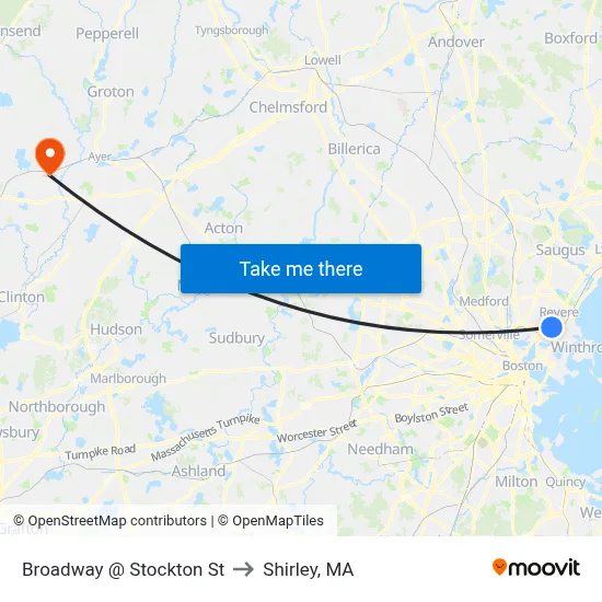 Broadway @ Stockton St to Shirley, MA map