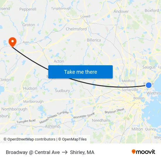 Broadway @ Central Ave to Shirley, MA map