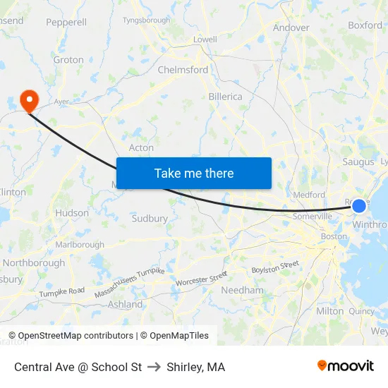 Central Ave @ School St to Shirley, MA map