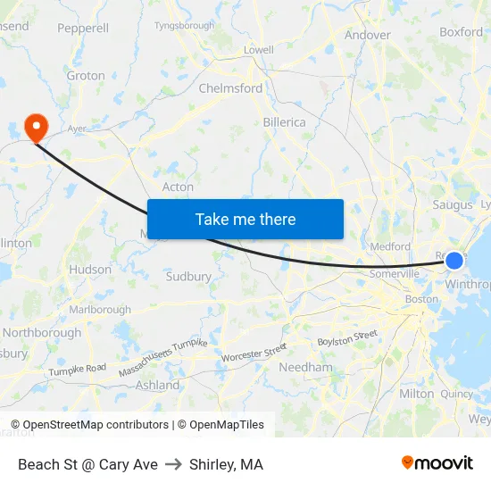 Beach St @ Cary Ave to Shirley, MA map