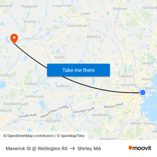 Maverick St @ Wellington Rd to Shirley, MA map