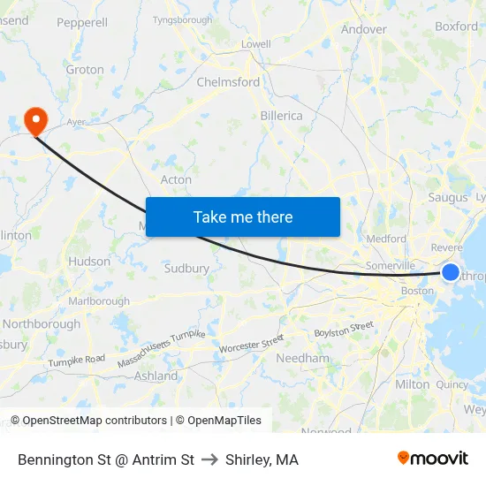 Bennington St @ Antrim St to Shirley, MA map