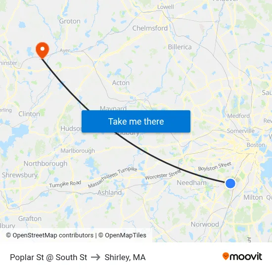 Poplar St @ South St to Shirley, MA map