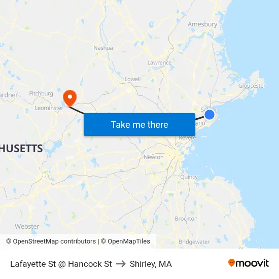 Lafayette St @ Hancock St to Shirley, MA map