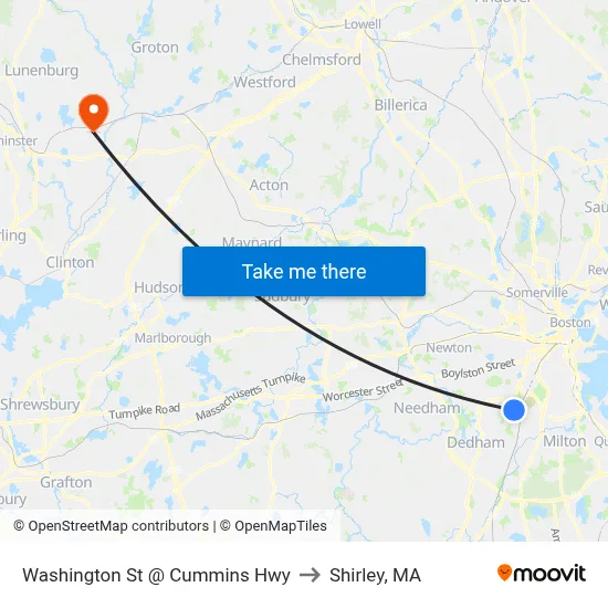 Washington St @ Cummins Hwy to Shirley, MA map