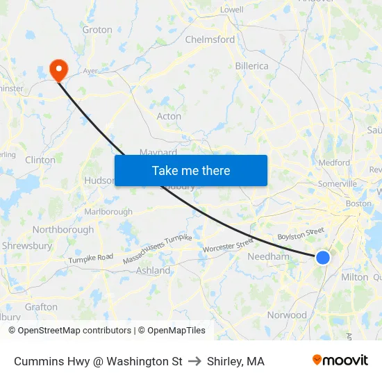 Cummins Hwy @ Washington St to Shirley, MA map