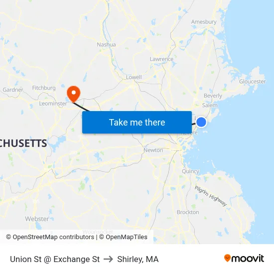 Union St @ Exchange St to Shirley, MA map