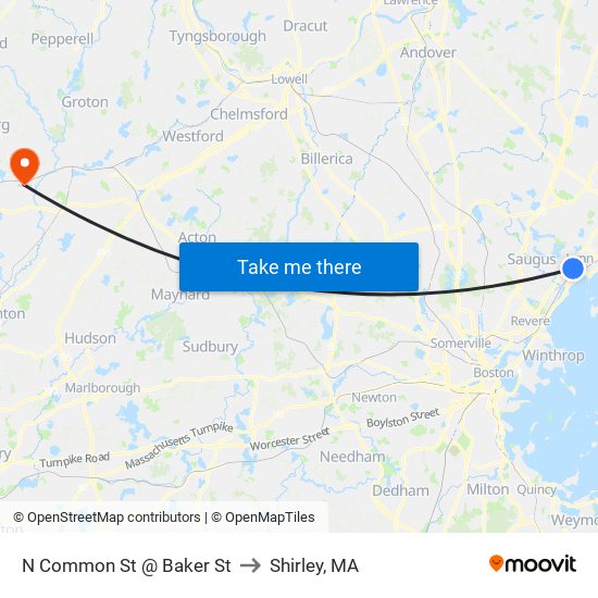 N Common St @ Baker St to Shirley, MA map