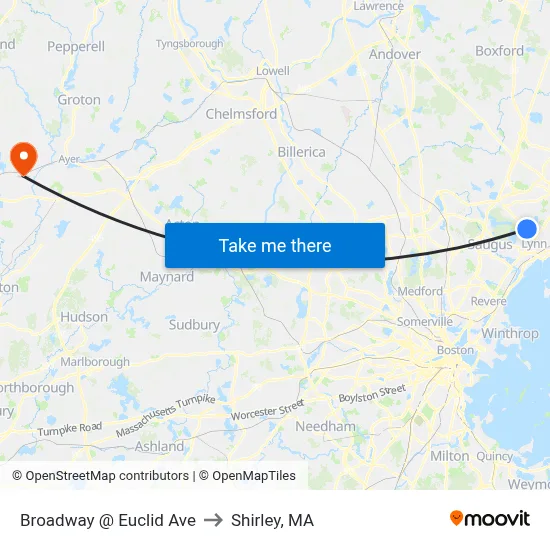 Broadway @ Euclid Ave to Shirley, MA map