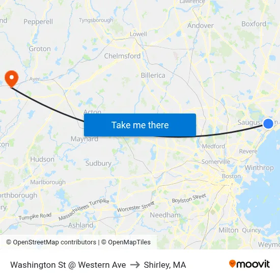 Washington St @ Western Ave to Shirley, MA map