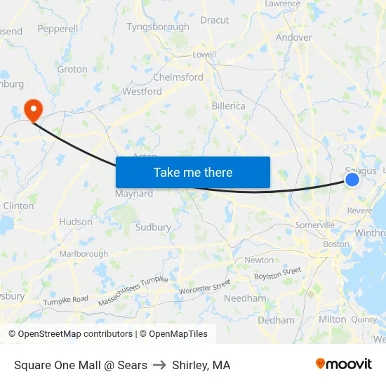Square One Mall @ Sears to Shirley, MA map