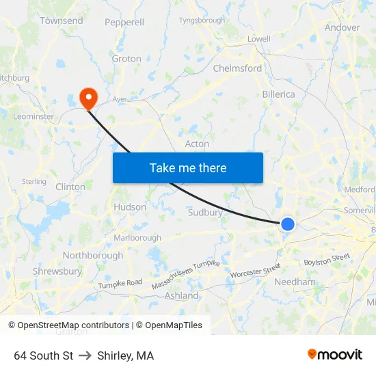 64 South St to Shirley, MA map