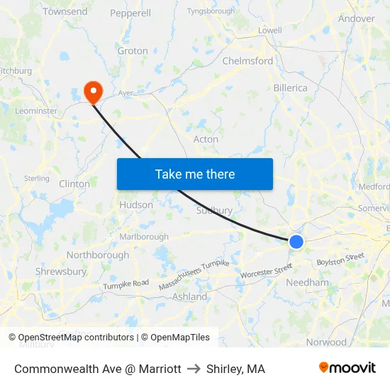Commonwealth Ave @ Marriott to Shirley, MA map