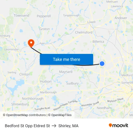 Bedford St Opp Eldred St to Shirley, MA map
