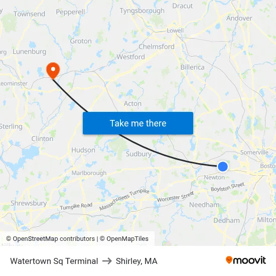 Watertown Sq Terminal to Shirley, MA map