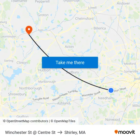 Winchester St @ Centre St to Shirley, MA map