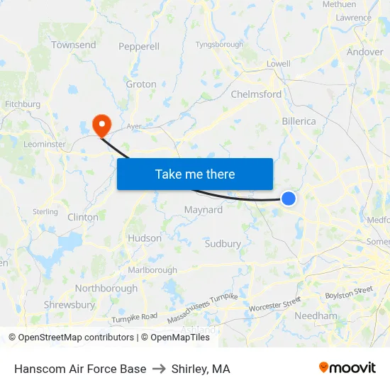 Hanscom Air Force Base to Shirley, MA map