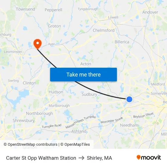 Carter St Opp Waltham Station to Shirley, MA map