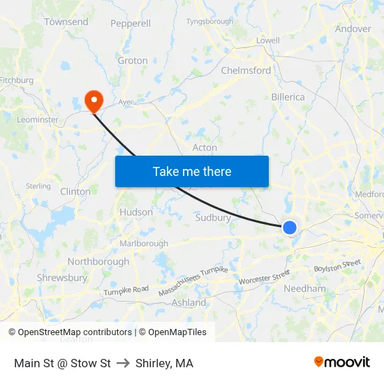 Main St @ Stow St to Shirley, MA map