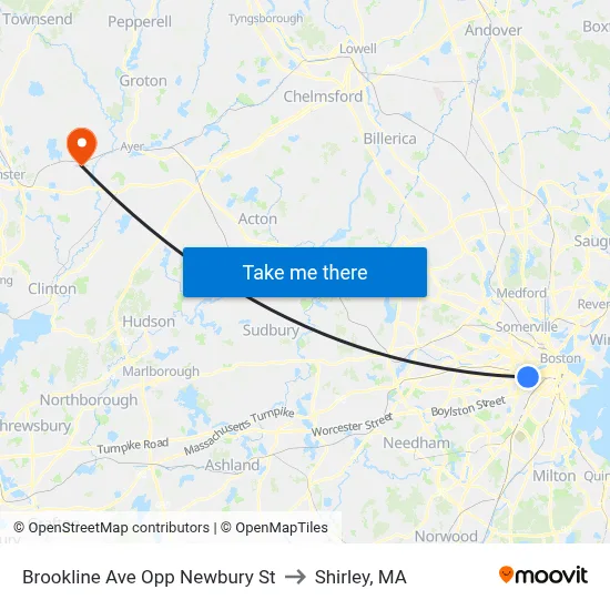 Brookline Ave Opp Newbury St to Shirley, MA map