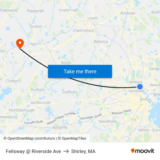Fellsway @ Riverside Ave to Shirley, MA map
