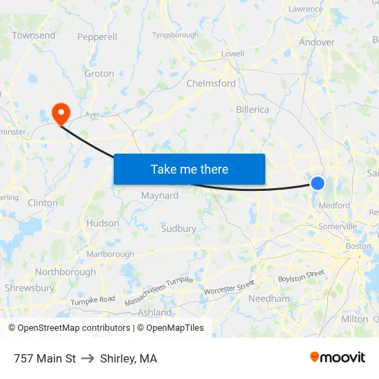 757 Main St to Shirley, MA map