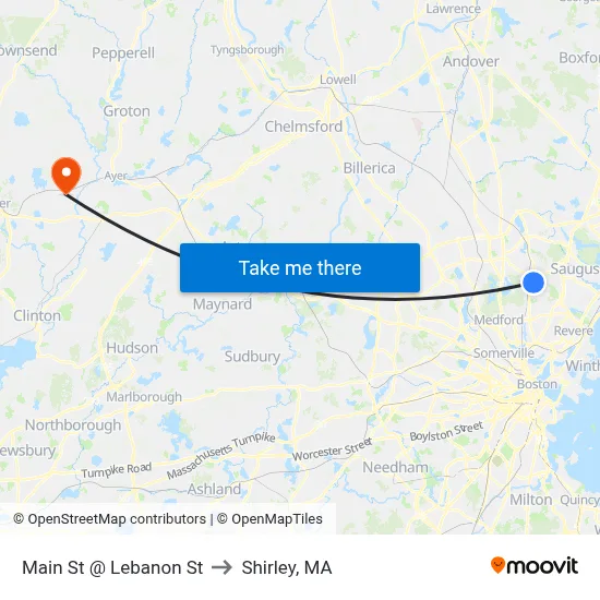 Main St @ Lebanon St to Shirley, MA map