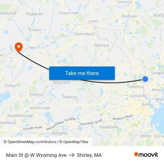 Main St @ W Wyoming Ave to Shirley, MA map