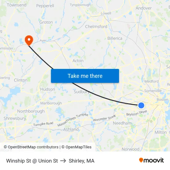 Winship St @ Union St to Shirley, MA map