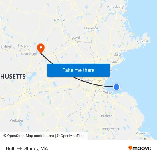 Hull to Shirley, MA map