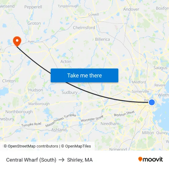 Central Wharf (South) to Shirley, MA map