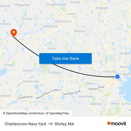 Charlestown Navy Yard to Shirley, MA map