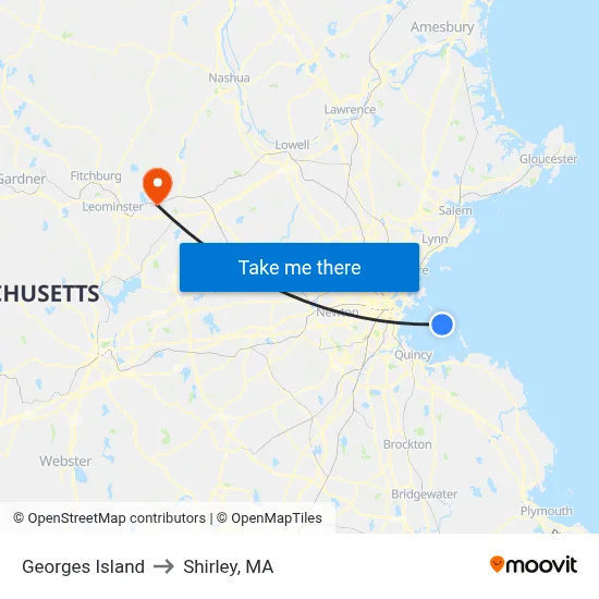 Georges Island to Shirley, MA map