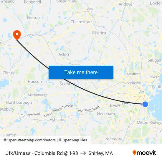 Jfk/Umass - Columbia Rd @ I-93 to Shirley, MA map