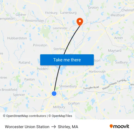Worcester Union Station to Shirley, MA map
