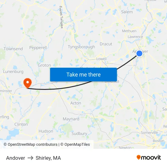 Andover to Shirley, MA map