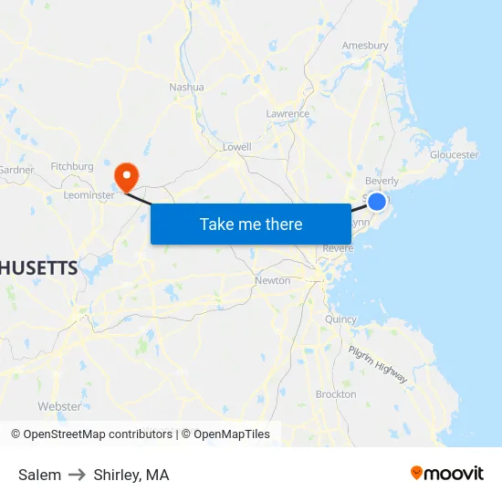 Salem to Shirley, MA map