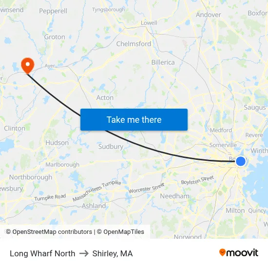Long Wharf North to Shirley, MA map