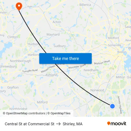 Central St at Commercial St to Shirley, MA map