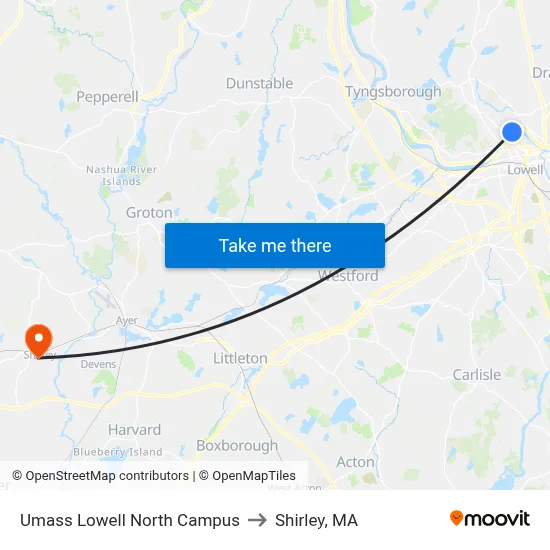 Umass Lowell North Campus to Shirley, MA map