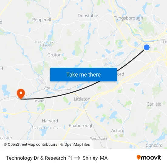 Technology Dr & Research Pl to Shirley, MA map