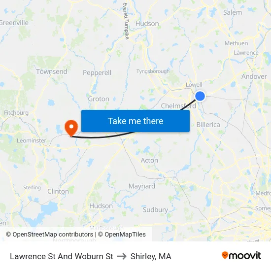 Lawrence St And Woburn St to Shirley, MA map