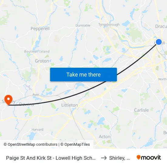 Paige St And Kirk St - Lowell High School to Shirley, MA map