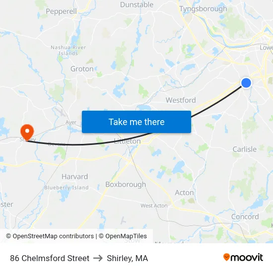86 Chelmsford Street to Shirley, MA map